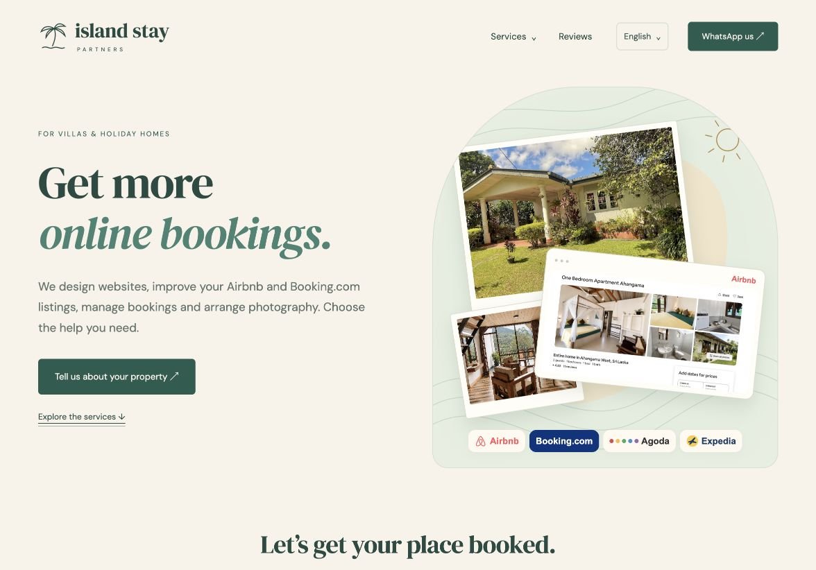 Island Stay Partners website design showing its services and accommodation photography